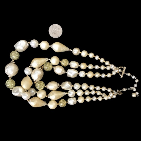 Vintage 50s 60s White Yellow 3-Strand Beaded Necklace Beads Japan crackle Ice - Picture 7 of 12